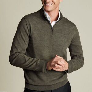 Express Men's Merino Wool Olive Green Quarter Zip LS Pullover Sweater Size L